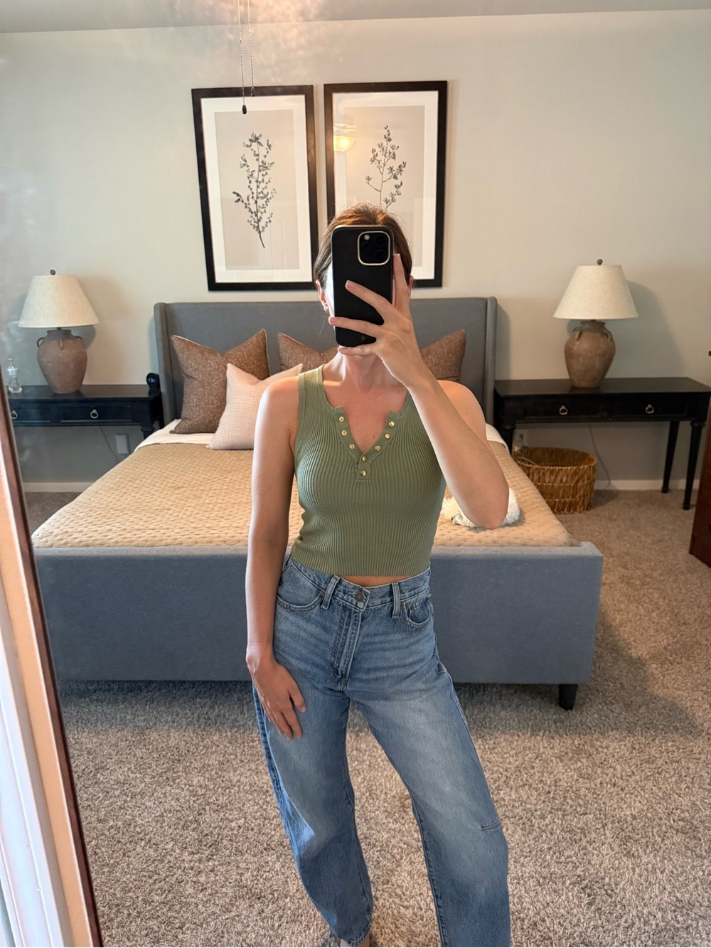 Olive Ribbed Tank Top with Button Detail - Women